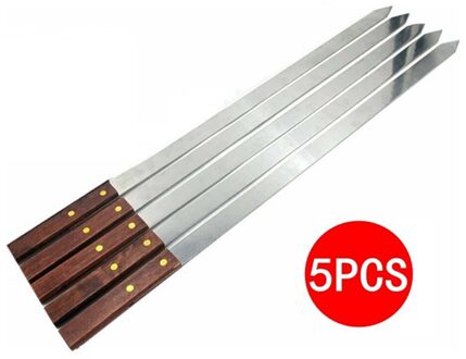 5 Stks/set Rvs Wide Bbq Spiesjes Lange Houten Handvat Barbecue Vork Stok