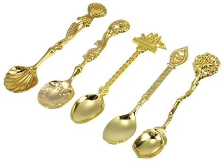 5 Stks/set Vintage Koninklijke Stijl Gesneden Koffie Lepels Metal Alloy Mini Ijs Thee Melk Dessert Lepel Retro Servies Sets scoop goud