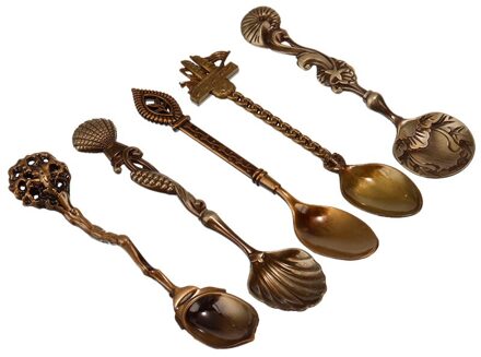 5 Stks/set Vintage Koninklijke Stijl Gesneden Koffie Lepels Metal Alloy Mini Ijs Thee Melk Dessert Lepel Retro Servies Sets scoop rood bronzen