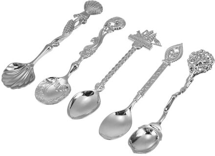 5 Stks/set Vintage Koninklijke Stijl Gesneden Koffie Lepels Metal Alloy Mini Ijs Thee Melk Dessert Lepel Retro Servies Sets scoop zilver