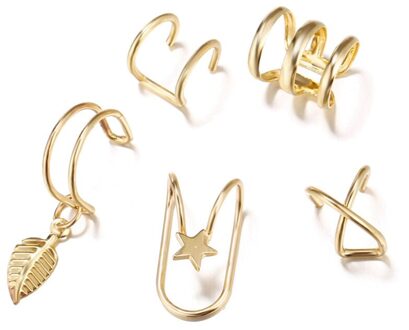 5 Stks/set Vrouwen Clip Oorbellen Zonder Oor Gat Eenvoudige Retro Romantische Dubbele C Kraakbeen U-Vormige Dubbele Laag sieraden Goud-kleur