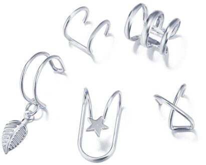 5 Stks/set Vrouwen Clip Oorbellen Zonder Oor Gat Eenvoudige Retro Romantische Dubbele C Kraakbeen U-Vormige Dubbele Laag sieraden zilver verguld