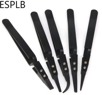 5 Stks/set Zwart/Zilver Reverse Pincet Rvs Handvat Plastic Tip Precisie Pincet Gebogen/Flat/Straight Tip pincet