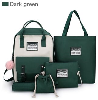 5 Stuks Set Hoge Schooltassen Voor Tienermeisjes Canvas Rugzak Vrouwen Bookbags Tiener Student Schooltas Bolsas Escolar donker groen