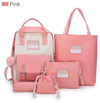 5 Stuks Set Hoge Schooltassen Voor Tienermeisjes Canvas Rugzak Vrouwen Bookbags Tiener Student Schooltas Bolsas Escolar roze