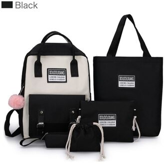 5 Stuks Set Hoge Schooltassen Voor Tienermeisjes Canvas Rugzak Vrouwen Bookbags Tiener Student Schooltas Bolsas Escolar zwart