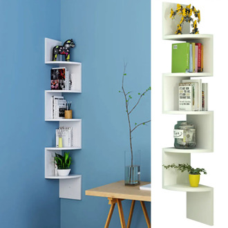 5 Tier Wall Hanging Wooden Book Shelf Floating Wall Shelves Corner Shelf Storage Display Bookcase White
