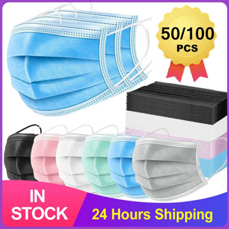 50/100PCS Colorful Black / Pink Face Mask Disposable 3 Layers Non-woven Breathable Protection Masque Adult Anti Dust Mouth Mask