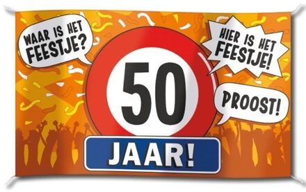 50 jaar verjaardag gevel vlag - 100 x 150 cm - versiering - polyester - met ringen