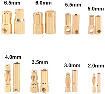 50 pairs Bullet Connector Plug 2.0/3.0/3.5/4.0/5.5/6.0/6.5mm Battery Connector Green Gold Plated Stereo Plug Banana Head