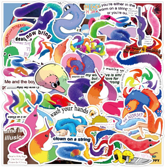 50 Pcs Magic Worm On A String Meme Waterproof Stickers for Laptop Luggage Skateboard Car Cup DIY Decal Stationery Sticker Toys