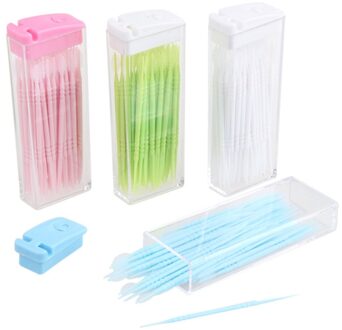 50 Stks/doos Tweekoppige Oral Care Borstel Tanden Sticks Floss Pick Tandenstoker Willekeurige Kleur
