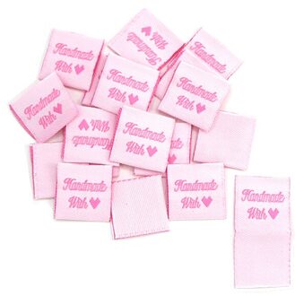 50 Stuks Doek Etiketten Tags Handgemaakt Met Liefde Labels Voor Kleding Hand Made Vouw Naaien Tags Diy Hoed/Tassen kledingstuk Accessoires roze