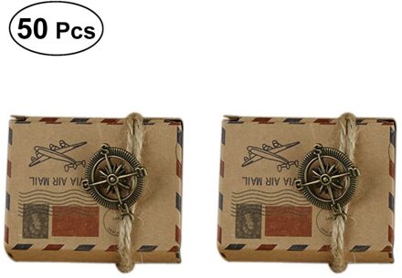 50 Stuks Vintage Geïnspireerd Luchtpost Dozen Snoep Bonbonniere Met Kompas Kraftpapier Treat Boxes Trouwbedankjes Boxes met Compas en rope