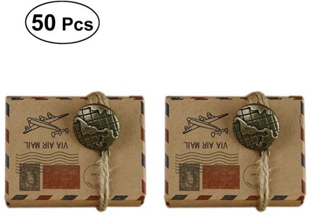 50 Stuks Vintage Geïnspireerd Luchtpost Dozen Snoep Bonbonniere Met Kompas Kraftpapier Treat Boxes Trouwbedankjes Boxes met Globe en rope