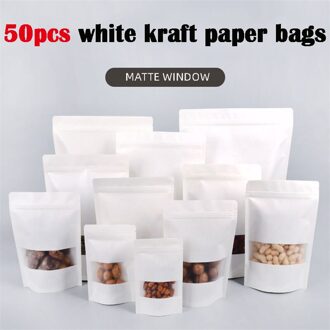 50 Stuks Wit Kraftpapier Met Venster Frosted Zip Lock Voedsel Snack Thee Snoep Olie Water Proof Zak Verpakking papieren Zak 15x22cm-50stk