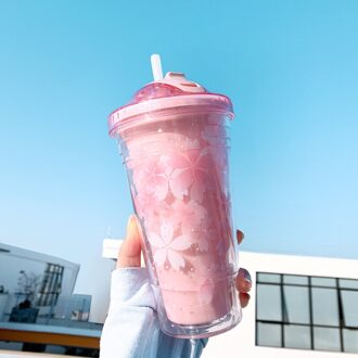 500Ml Cherry Blossom Dubbele Plastic Beker Met Stro Dubbelwandige Ijs Koud Drankje Koffie Sap Thee Cup Herbruikbare tumbler Mok Roze