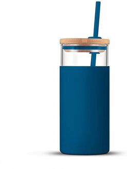 500Ml Glas Tumbler Glas Water Fles Stro Siliconen Beschermhoes Leuke Water Cup Bamboe Deksel Bpa Gratis Warmte-slip Glas Blauw