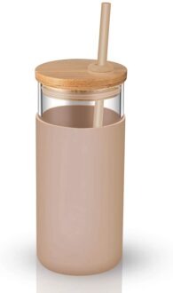 500Ml Glas Tumbler Glas Water Fles Stro Siliconen Beschermhoes Leuke Water Cup Bamboe Deksel Bpa Gratis Warmte-slip Glas Roze