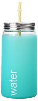 500Ml Grote Capaciteit Creatieve Stro Cup Kleurrijke Siliconen Mouw Glas Melk Sap Hoge Borosilicaatglas Koud Drankje Mok Refreshing groen