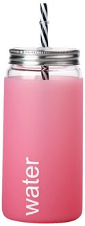 500Ml Grote Capaciteit Creatieve Stro Cup Kleurrijke Siliconen Mouw Glas Melk Sap Hoge Borosilicaatglas Koud Drankje Mok Romantic roze