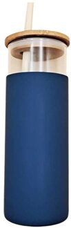 500Ml Grote Glazen Beker Water Fles Koffie Melk Thee Cup Mok Met Siliconen Beschermhoes Bamboe Deksel Met een Stro Draagbare Blauw