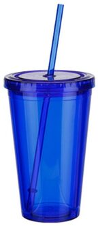 500Ml Reizen Mok Met Stro Deksel Herbruikbare Smoothie Dubbelwandige Ijs Tumbler Koud Drankje Koffie Sap Thee Cup fles Plastic Mok blauw