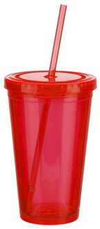 500Ml Reizen Mok Met Stro Deksel Herbruikbare Smoothie Dubbelwandige Ijs Tumbler Koud Drankje Koffie Sap Thee Cup fles Plastic Mok rood