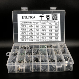500Pcs/lot 0.1UF-1000UF 24Values Aluminum Electrolytic Capacitors 16-50V mix Electrolytic capacitor Assorted kit and storage box