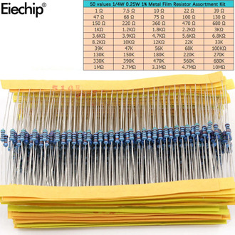 500pcs/lot 50 values 1/4W 0.25W 1% Metal Film Resistor Assortment Kit Set 1R-10mR 1ohm-10Mohm resistor samples kit