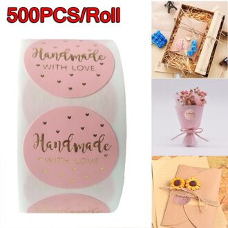 500Pcs/Roll Roze Handgemaakte Met Liefde Stickers Met Goud Folie Roze Stickers Voor Bedrijf Giveaway & Birthday Party gunsten Etiketten