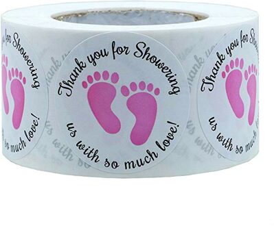 500Pcs Ronde Baby Douche Stickers Dank U Voor Douchen Ons Blauw Foot Print Etiketten Voor Genderneutraal Douche Stickers roze