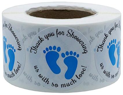 500Pcs Ronde Baby Douche Stickers Dank U Voor Douchen Ons Blauw Foot Print Etiketten Voor Genderneutraal Douche Stickers
