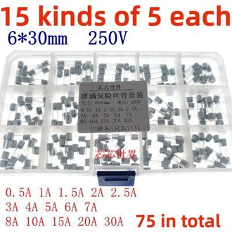 50Pcs-150 Stks/partij Optioneel Glas Zekering 5*20Mm 6*30Mm Chosse Snelle Zekering 0.5A 1A 2A 3A 4A 6A 7A 8A 10A 15A 20A 30A 6X30MM 75stk