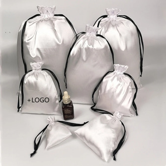 50PCS Custom Logo Silk Satin Drawstring Pouch Jewelry/Bead/Makeup/Perfume/Eyelash/Virgin Hair Packaging Bag Gift Pocket