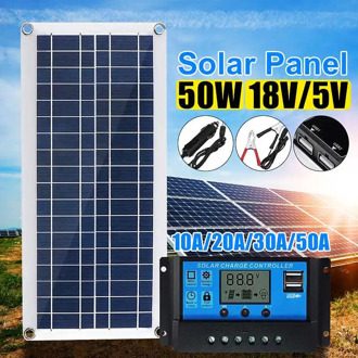 50W Solar Panel 12V 5V USB Portable Solar Panel Cells+ 10/20/30/40A Controller for Car Yacht RV Charging Outdoor Emergency Light