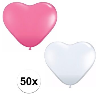 50x bruiloft ballonnen wit / roze hartjes versiering