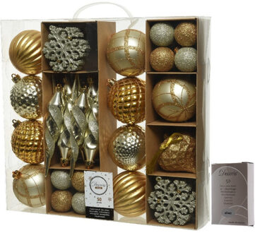 50x Gouden kerstballen en figuren 4-8-15 cm kunststof mix incl. ophanghaakjes - Kerstbal Goudkleurig