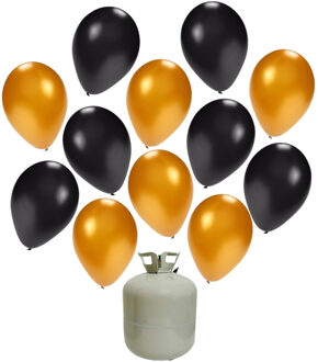 50x Helium ballonnen zwart/goud 27 cm + helium tank/cilinder