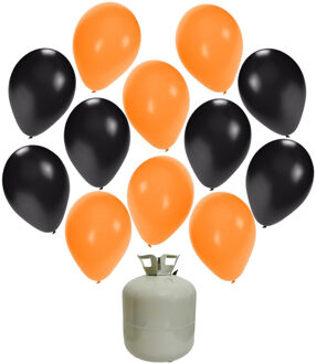50x Helium ballonnen zwart/oranje 27 cm + helium tank/cilinder