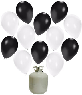 50x Helium ballonnen zwart/wit 27 cm + helium tank/cilinder