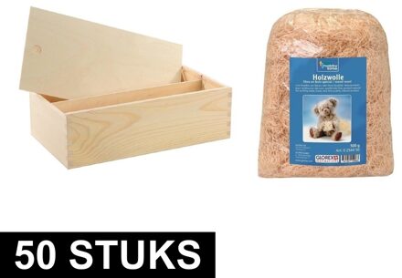 50x Houten wijnkist/verpakking met schuifdeksel/2000 gr. houtwol