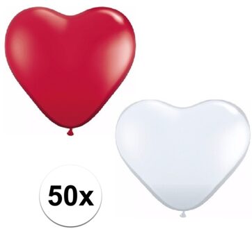 50x huwelijk ballonnen wit / rood hartjes versiering - Ballonnen Multikleur