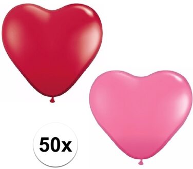 50x huwelijk / valentijn ballonnen rood / roze hartjes versiering - Ballonnen Multikleur