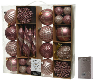 50x Roze kerstballen en figuren 4-8-15 cm kunststof mix incl. ophanghaakjes - Kerstbal