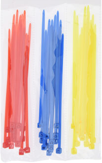 50x stuks kabelbinders / bundelbanden / tiewraps kunststof rood/geel/blauw 15 cm