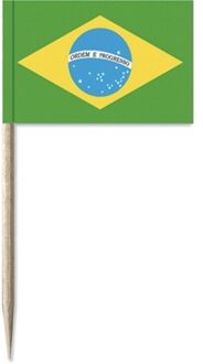 50x Vlaggetjes prikkers Brazilie - 8 cm - hout/papier - Cocktailprikkers