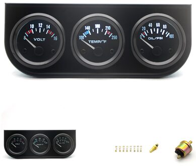 52Mm Voltage Water Temp Oliedruk 3 In 1 Gauge Meter Kit Black Bezel Zwart Gezicht