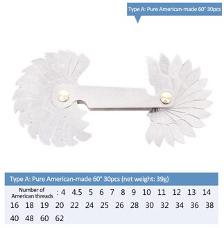 55-60 Graden Metrische Inch Schroefdraad Pitch Gauge Blade Gage Pitch Vouwen Voor Meten Gauging Tool Rvs schroef Gaug 30stk
