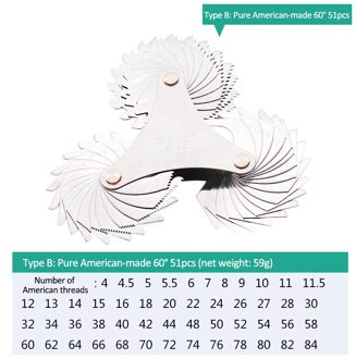 55-60 Graden Metrische Inch Schroefdraad Pitch Gauge Blade Gage Pitch Vouwen Voor Meten Gauging Tool Rvs schroef Gaug 51stk